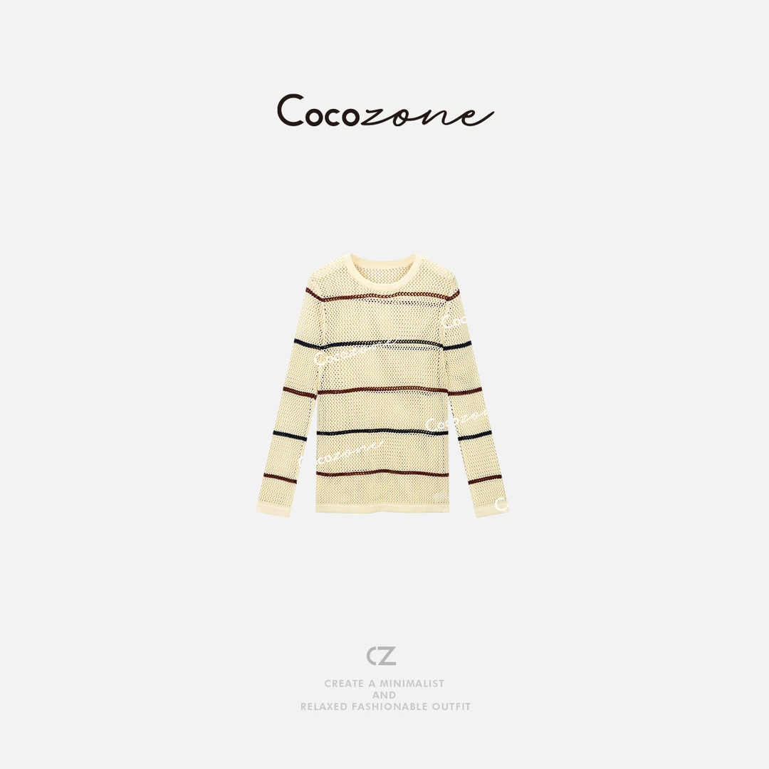COCO ZONE 刘一一新款撞色条纹镂空长袖套头针织衫ACD2A0641