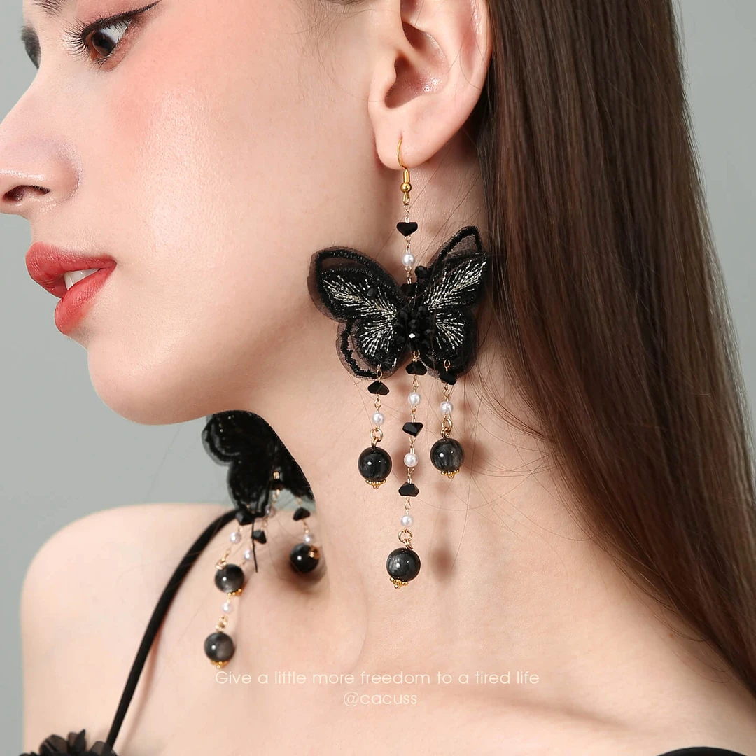 铜合金布艺耳饰 【萤火】新中式国风水墨蝴蝶耳环女耳坠气质耳饰