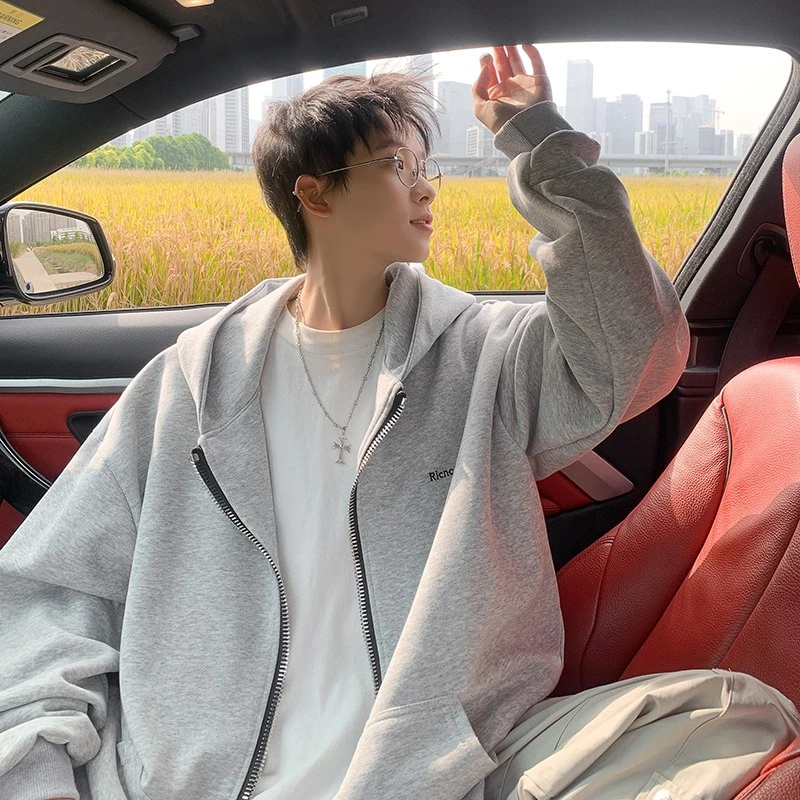 cleanfit浅灰色外套男款春秋高级感痞帅美式复古拉链连帽开衫卫衣