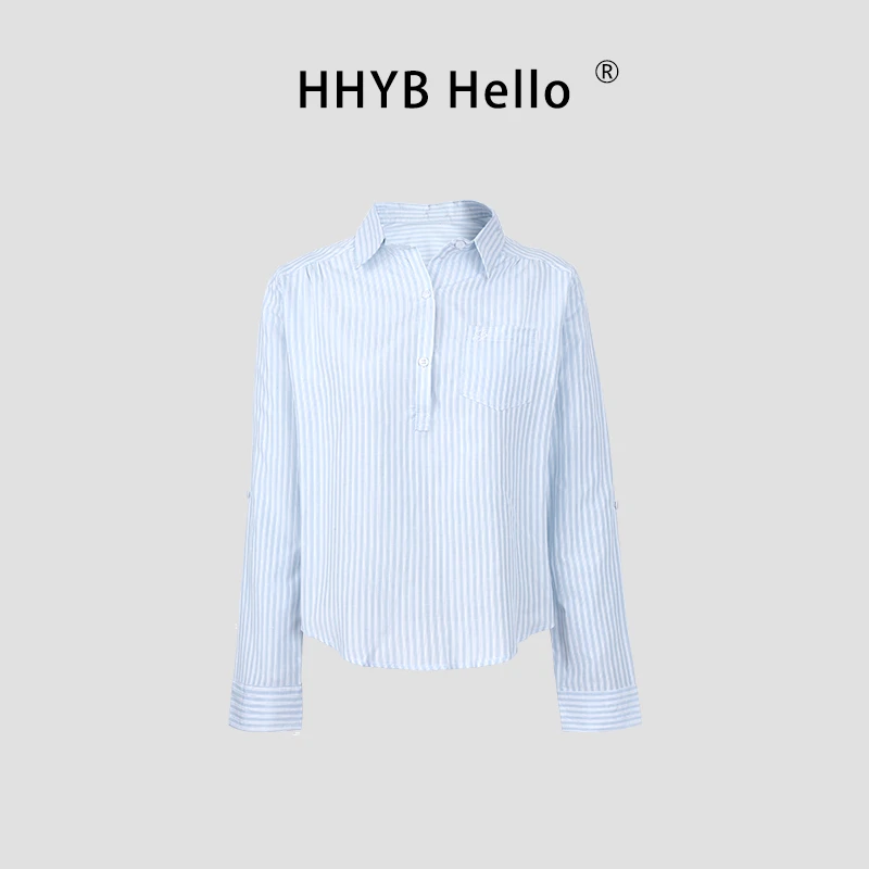 HHYB Hello2025夏季新款条纹口袋设计休闲时尚百搭长袖衬衫252053