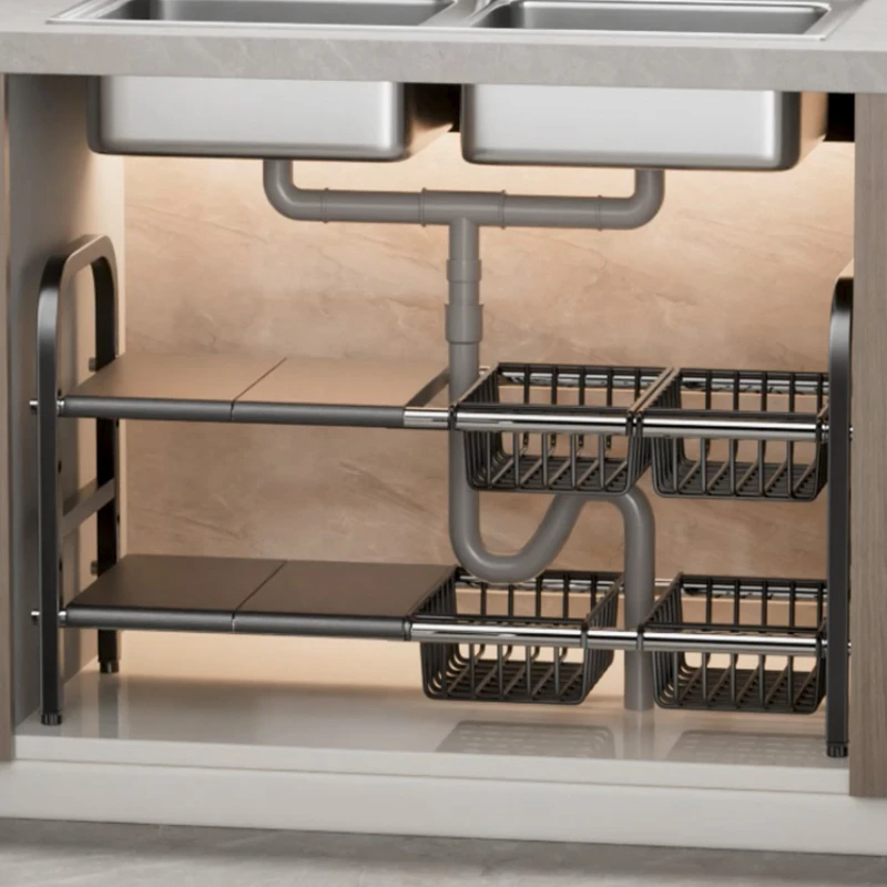厨房下水槽置物架橱柜内分层架家用多功能可伸缩用品大全收纳架子