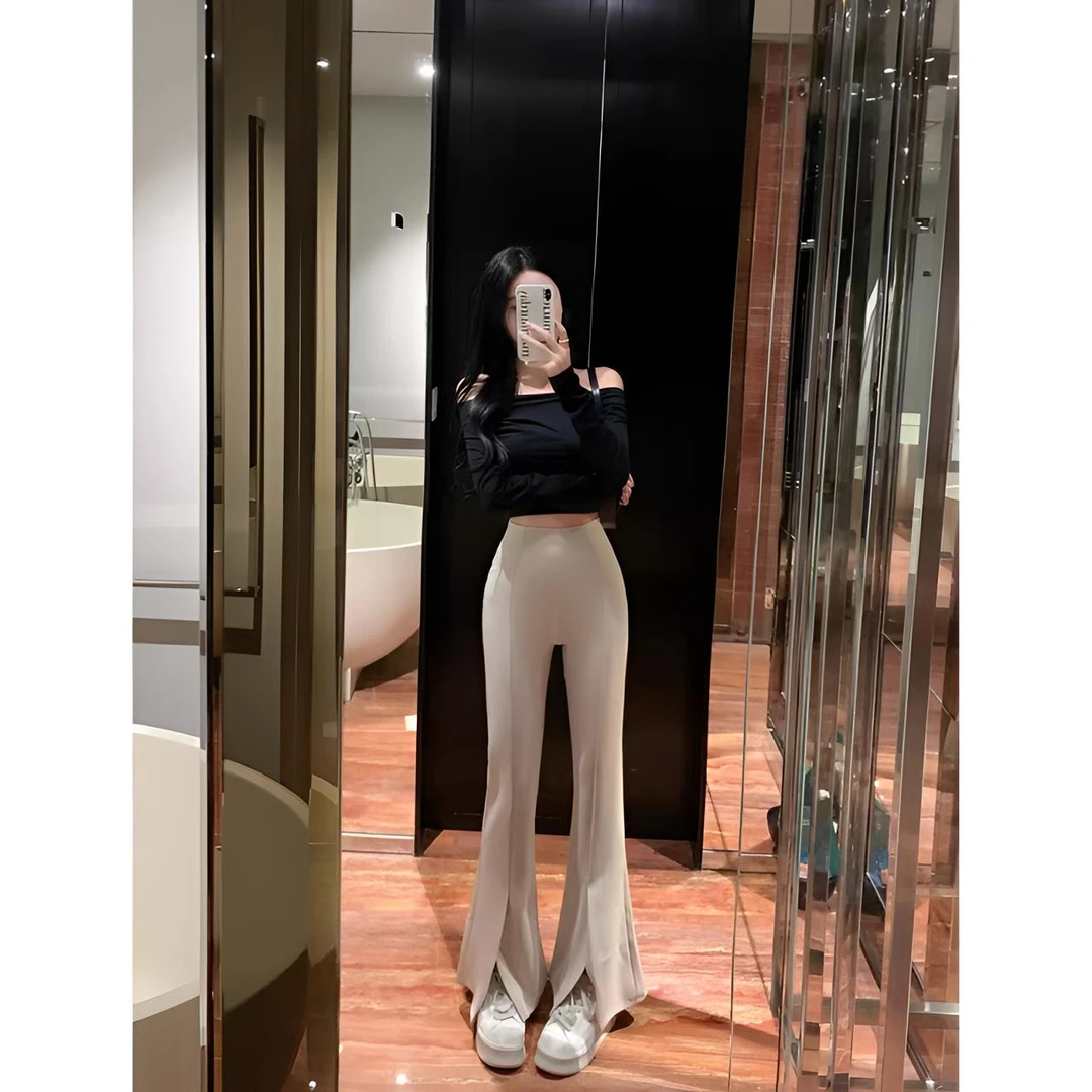 睿夕【漫画裤~】松紧高腰修身加绒开叉喇叭裤子