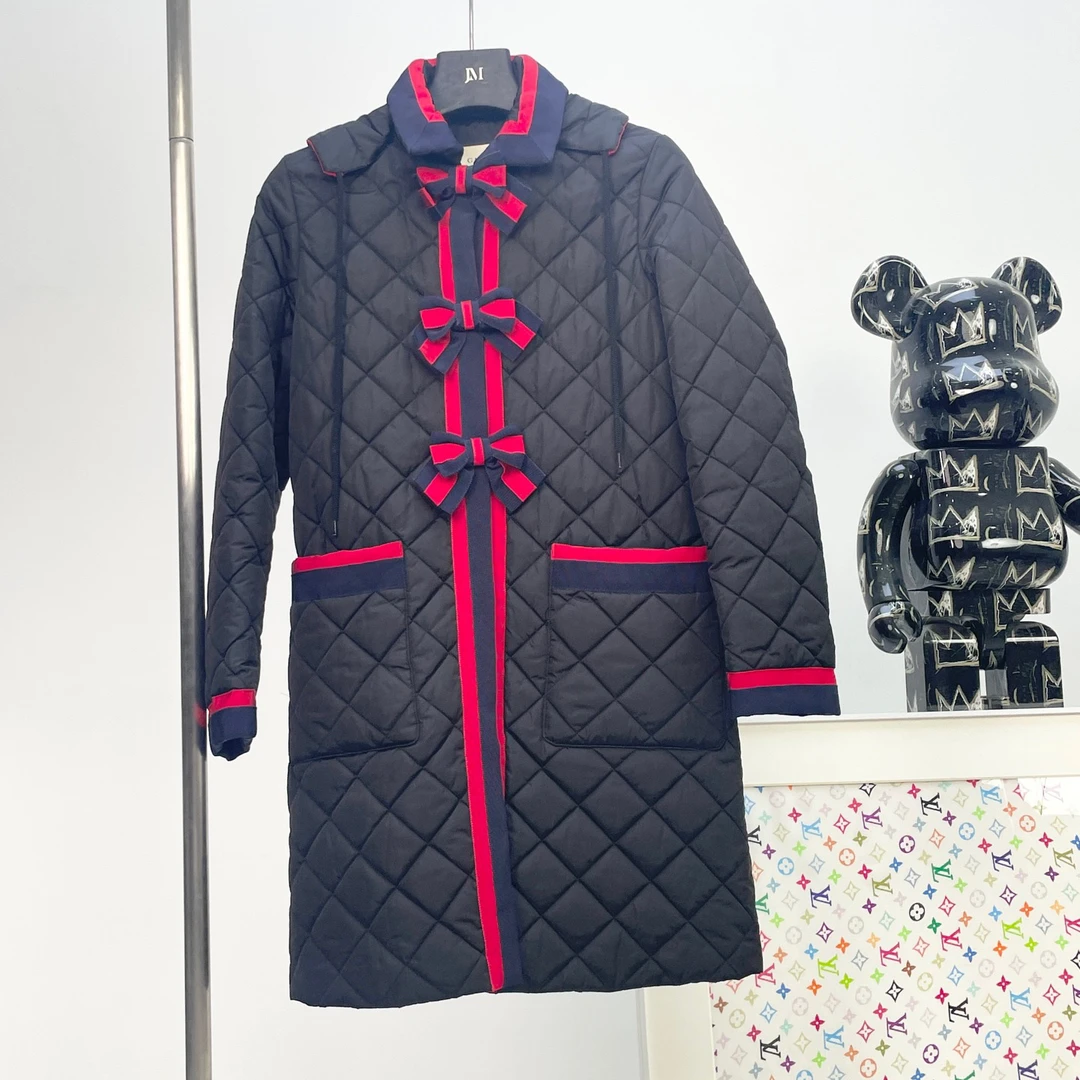 99新 GUCCI/古驰 4459/Gucci 黑色蝴蝶结长款连帽棉服/40码