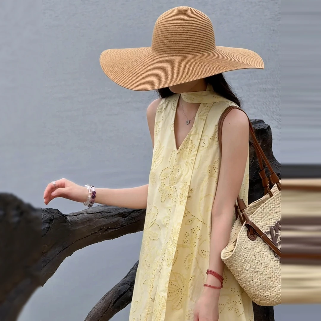 新款无袖V领设计感印花黄色连衣裙子女夏气质绝美度假风长裙4817