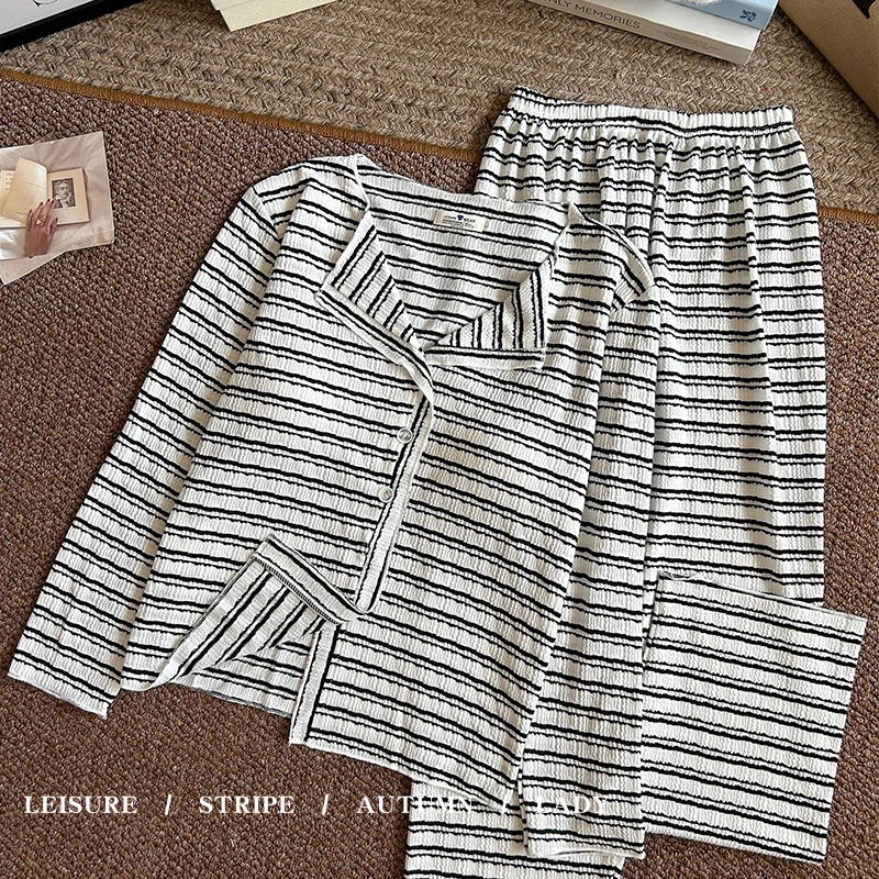 女士睡衣女款春秋季2025新款色织简约黑条纹长袖带胸垫家居服套装