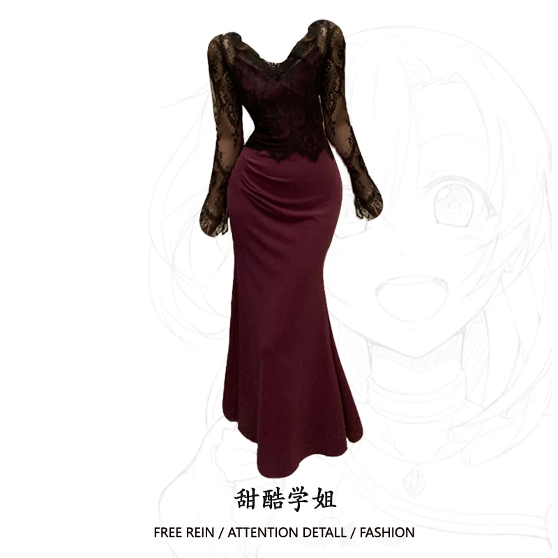 大码女装早春轻熟风性感假两件蕾丝连衣裙胖妹妹收腰修身御姐长裙