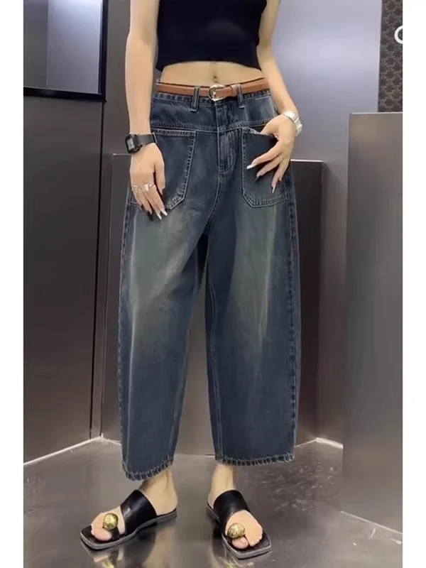 梨形微胖穿搭老爹牛仔裤女2025春夏新款大码九分裤宽松显瘦哈伦裤