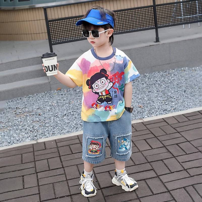 男童卡通哪吒服装休闲风套装夏季韩版t恤印花时髦洋气牛仔时尚潮