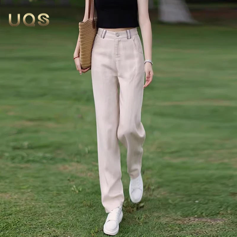 UQS白色天丝亚麻显瘦裤子2025高腰宽松九分裤秋季松驰感女休闲裤
