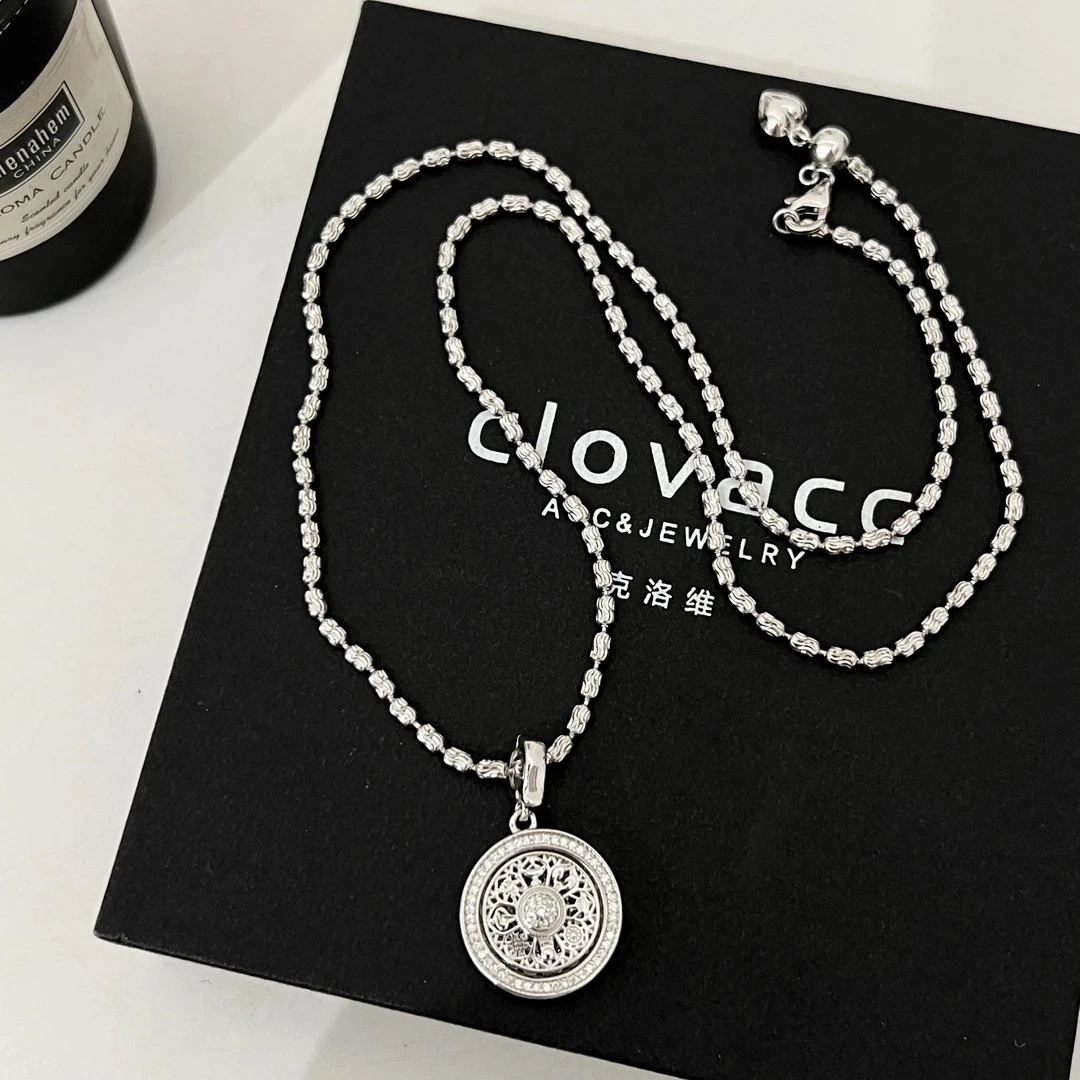 坠链均925银合成锆石 《福来运转》简约小众锆锆罗盘吊坠纯银项链