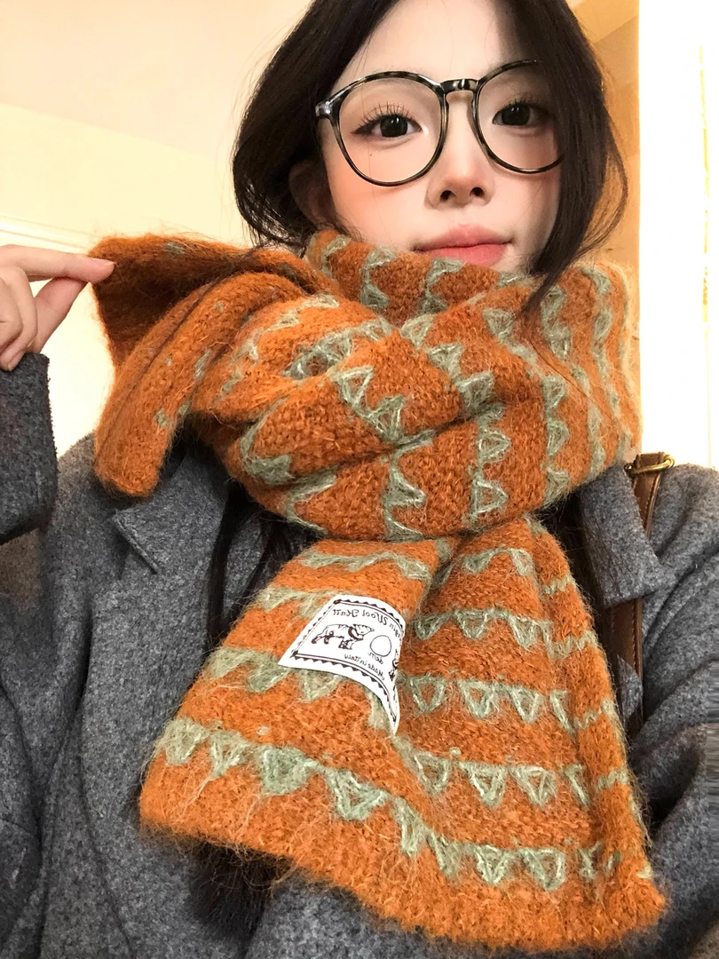 含羊毛南瓜色条纹针织毛线围巾女秋冬韩系氛围感保暖加厚防寒围脖
