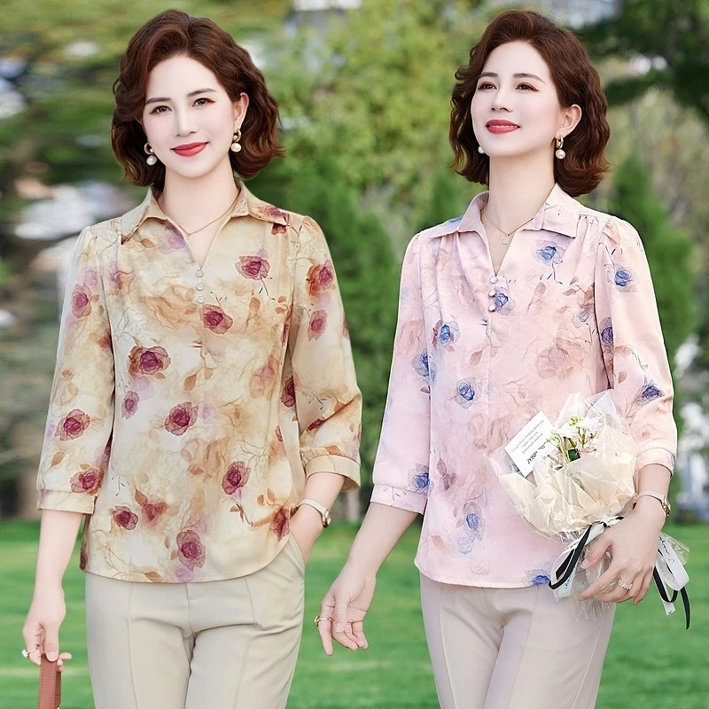 2025夏装新款妈妈装雪纺衫洋气衬衫中老年人女装时尚显瘦碎花小衫