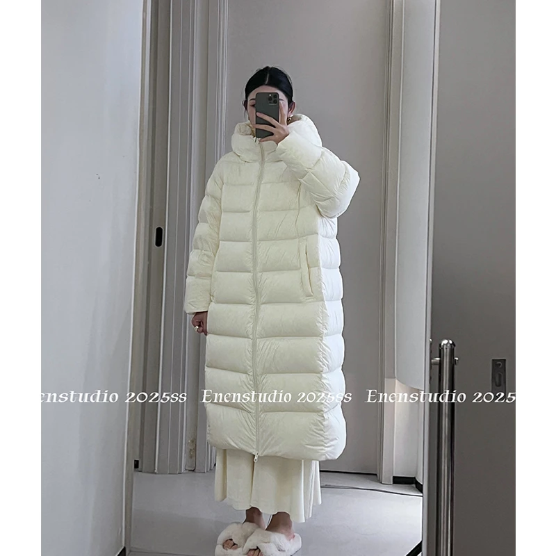 90白鸭绒连帽长款羽绒服女2025冬季新款高级感加厚外套
