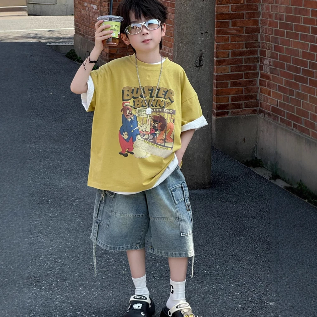 A.MU2025清仓【小鸡黄】夏季新款卡通数码印花短袖T恤纯棉男童宽松