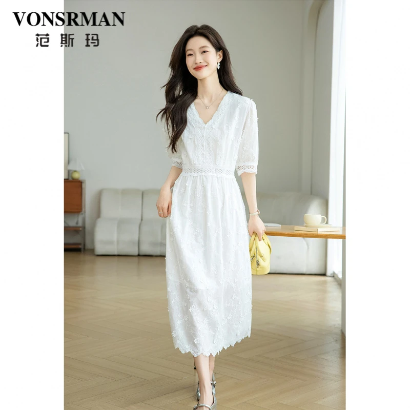 法式白色蕾丝连衣裙女夏季2025新款温柔风气质V领收腰显瘦a字裙子