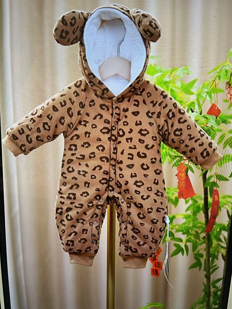 豹纹连帽婴幼儿连身衣宝宝连体衣哈衣爬爬服冬季保暖棉衣棉服1