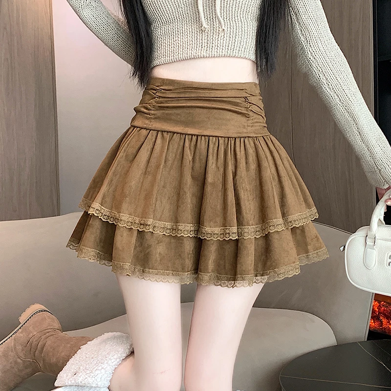 麂皮绒蕾丝花边蛋糕半身裙女秋冬季法式甜美高腰显瘦A字蓬蓬短裙