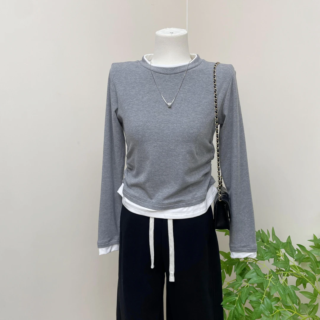 大码胖mm200斤欧货气质拼色正肩假两件上衣女掐腰遮肚圆领长袖t恤