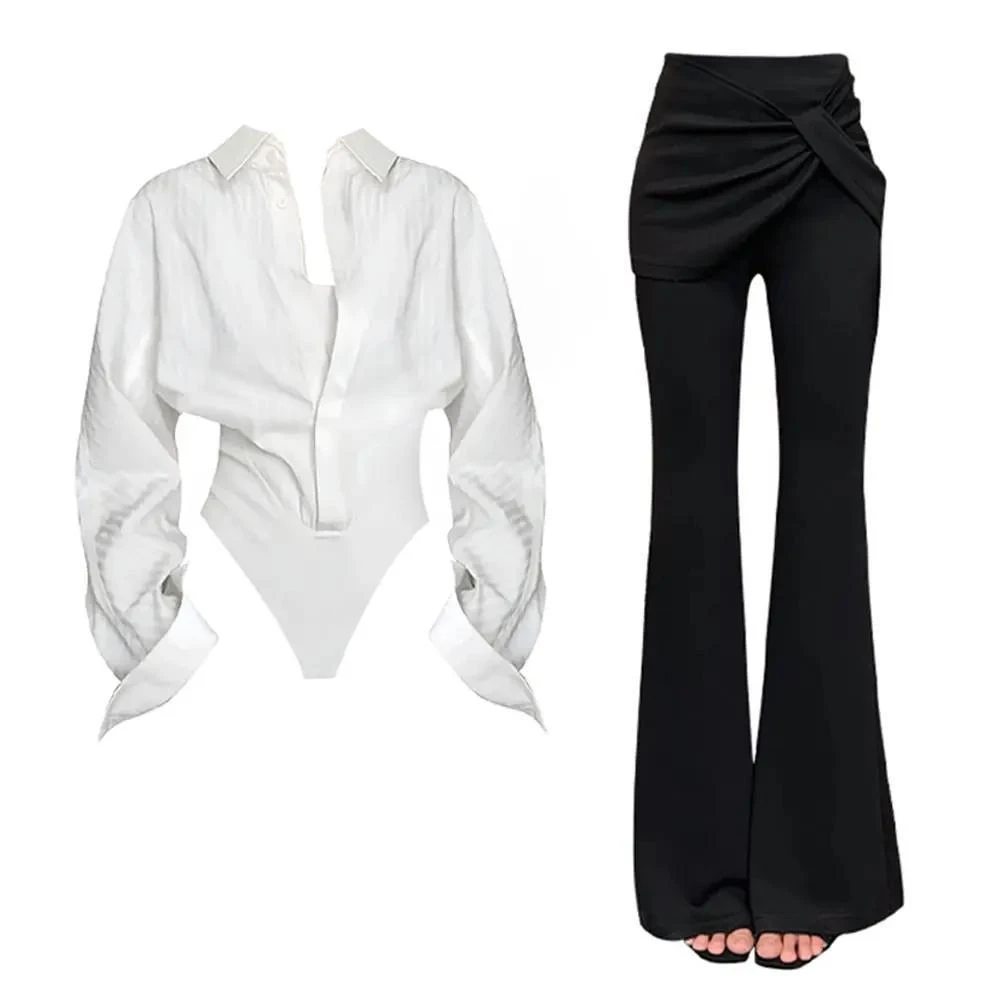 同款优选】早秋网红炸街女装修身假两件连体衬衫显瘦微喇西装裤子