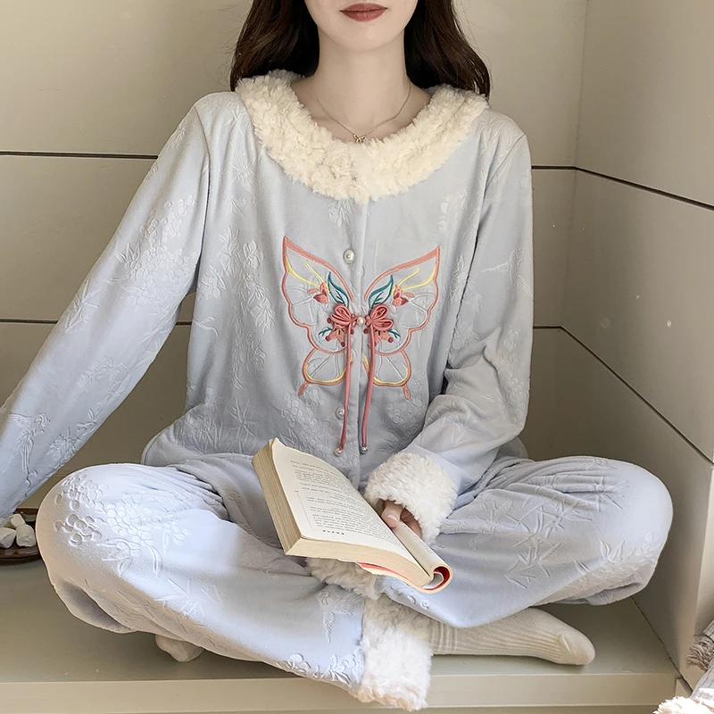 新中式国风双面绒睡衣女士春秋冬季保暖亲肤海岛绒长袖套装家居服