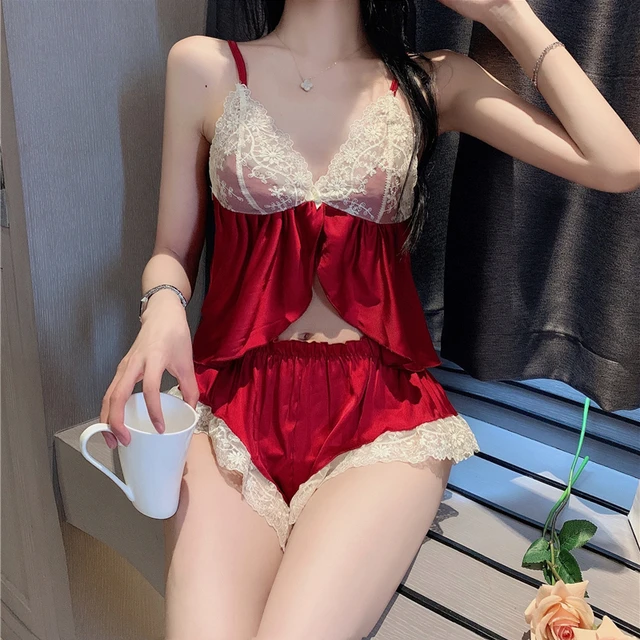 设计感蕾丝吊带露脐+宽松短裤睡裤小个子性感睡衣女夏两件套短款