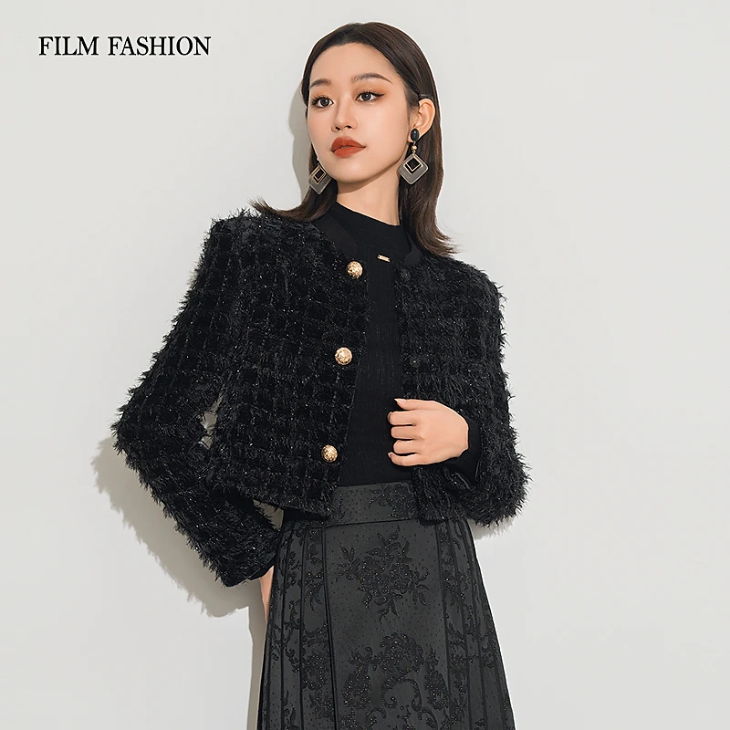 【千颂妮】冬季新款小香风短外套女士毛绒开衫女士 FFJG141417