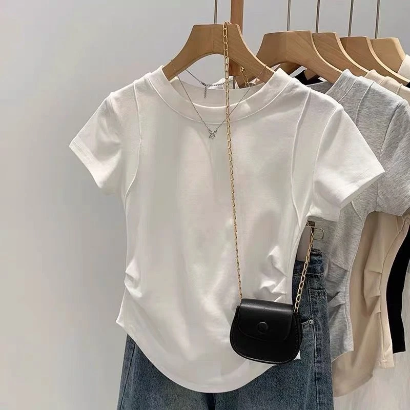 经典百搭短袖圆领t恤衫2025设计感褶皱鱼骨修身纯欲夏季显瘦小衫