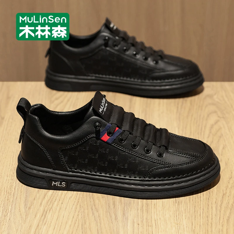 木林森男士板鞋2025新款秋季黑色鞋子男款百搭一脚蹬软底休闲皮鞋