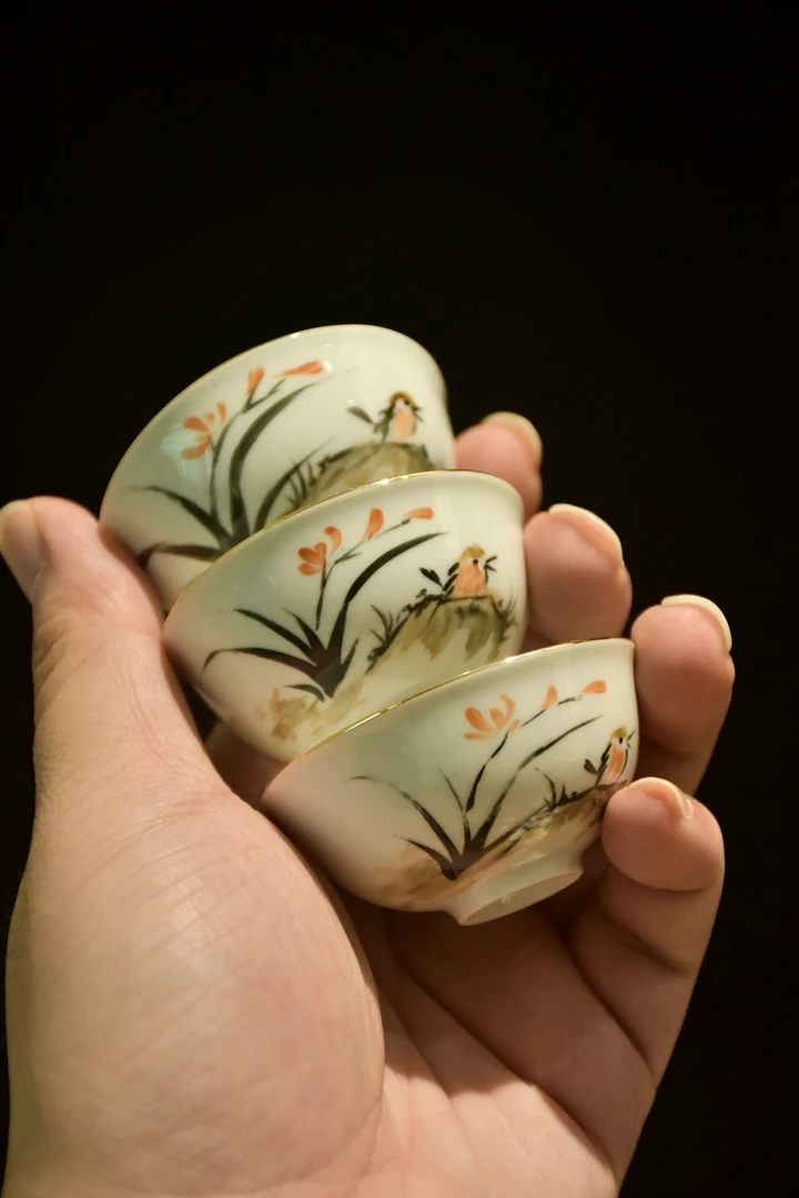 工夫茶器老式蛋壳杯墨彩兰花题材手工手绘约26cc