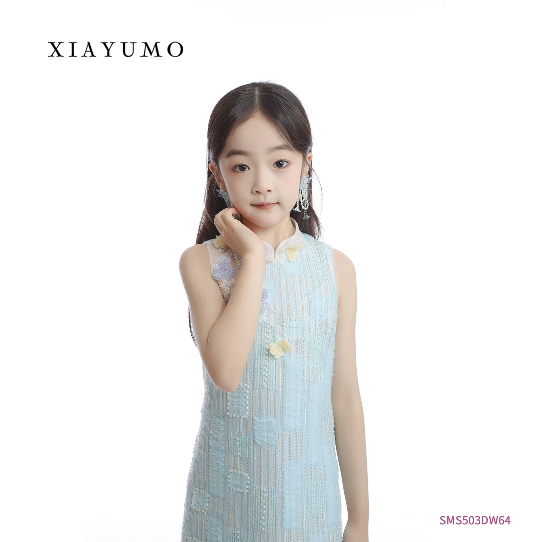 夏羽墨女童早春新款绣球蓝色无袖小香风旗袍新中式修身轻礼服