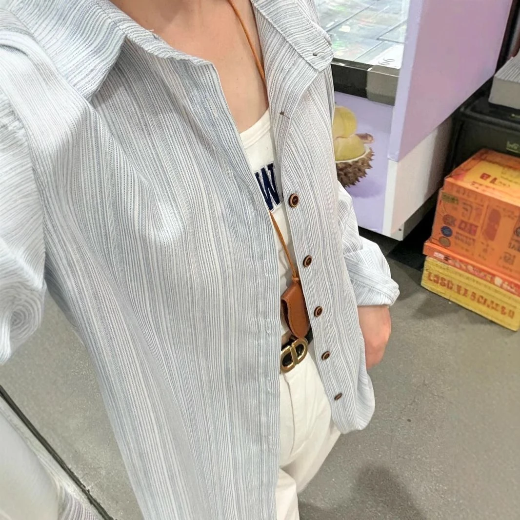 韩系气质竖条纹polo领防晒衬衫外套女秋季新款款宽松衬衣长袖上衣