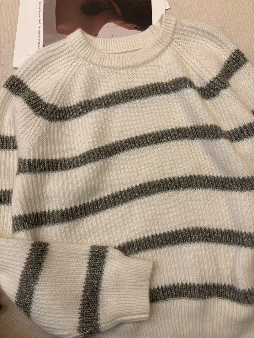 【白灰条纹】长袖短款时尚休闲女士条纹圆领拼色毛衣