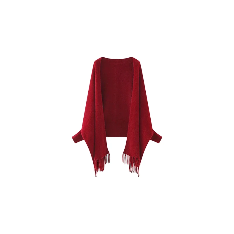 B-babes【两色罩衫】纯色带袖流苏针织披肩百搭外套保暖软糯罩衫