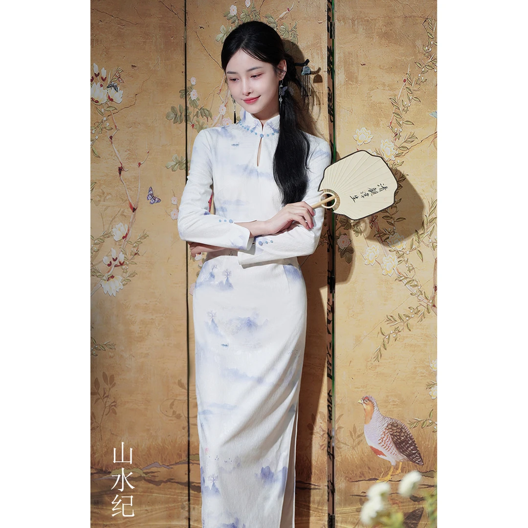 逸红颜明月优选#精致手工钉珠旗袍『山水纪』提花料山水印花针织旗