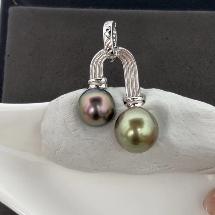 定制海水珍珠银S925镶嵌吊坠(不含链)9-11mm大溪地两颗