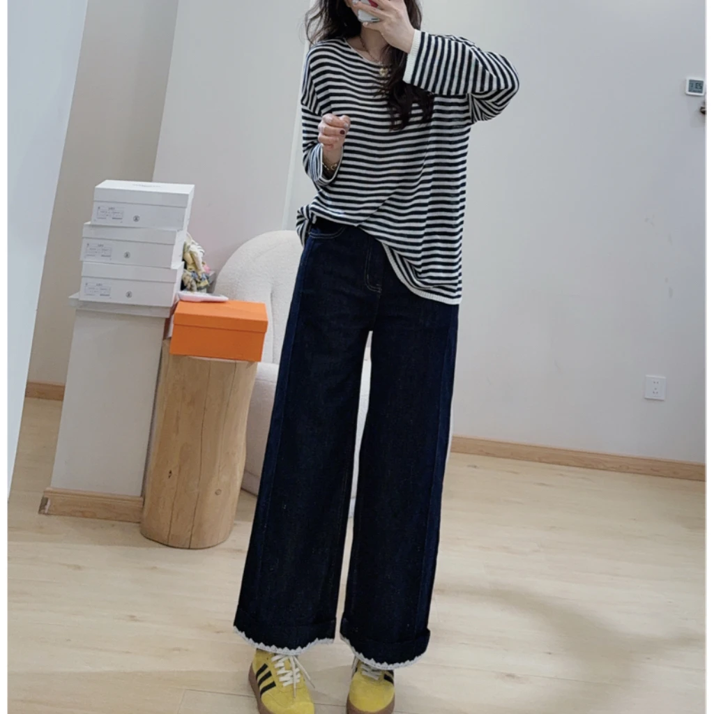 Y蕾丝边拼接穿搭牛仔裤阔腿裤2025新款洋气筒裤