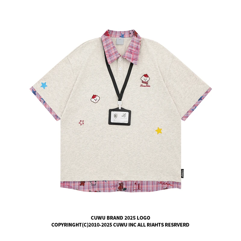 cuwu潮牌250g小狗刺绣拼接假两件短袖女男夏季POLO衫t恤宽松上衣