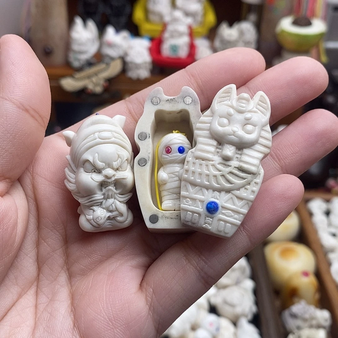 鹿骨把件乖*囡c42鹿角犬神棺木乃伊钟馗