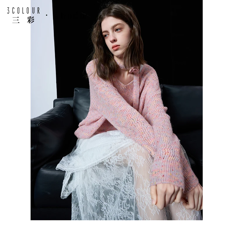 【达人专属】三彩ibudu2025春季新款彩纱针织衫勾花飘带毛衣Vdbx