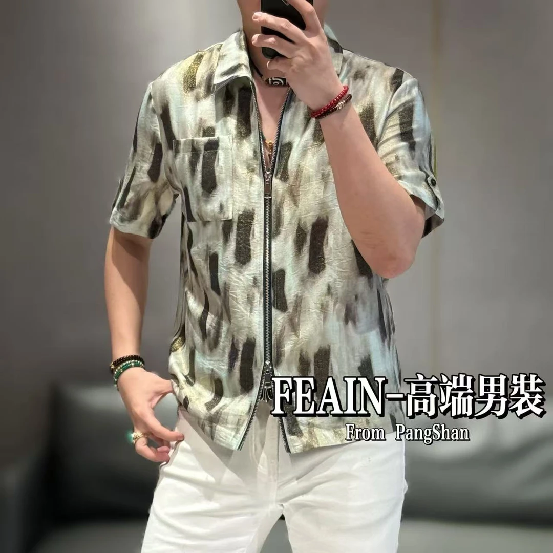 【流星·洒金】定制进口流星条直喷洒金工艺山水画风格短袖夹克5112