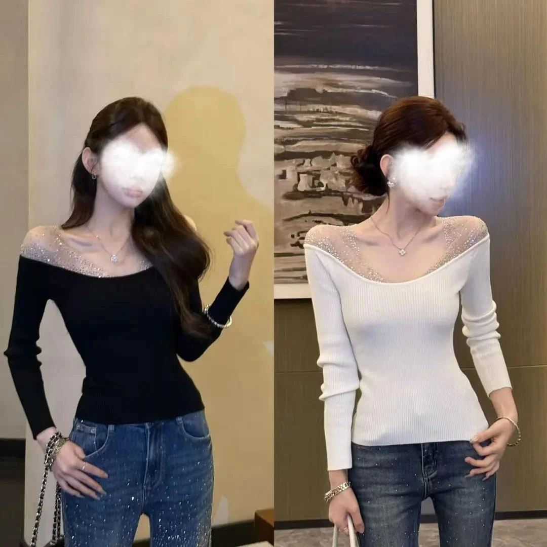 设计感重工烫钻网纱拼接露锁骨打底衫女秋冬内搭纯欲性感露肩上衣
