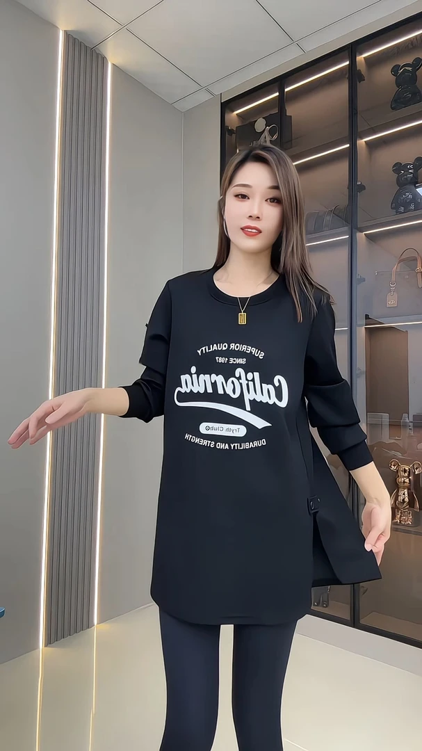 2025春秋爆款宽松显瘦遮肉百搭字母印花长袖T恤中长款卫衣上衣女