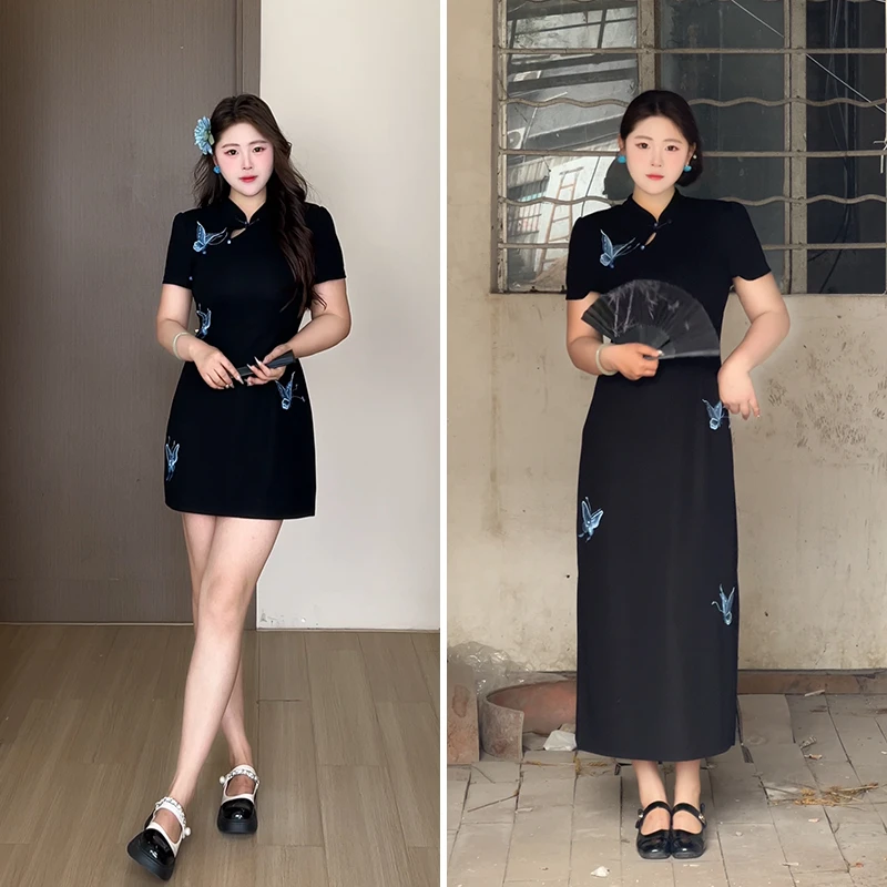 灵蝶】夏大码女装微胖mm显瘦遮肉新中式改良旗袍裙子连衣裙DM27132