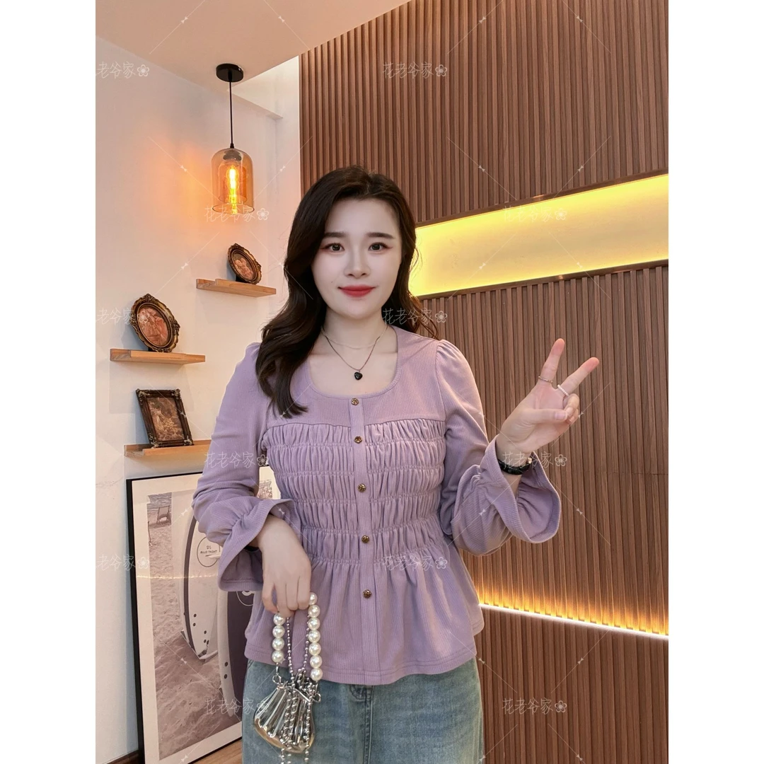 【仅上衣】花老爷微胖大码女装弹力百褶复古方领T恤HLY3662