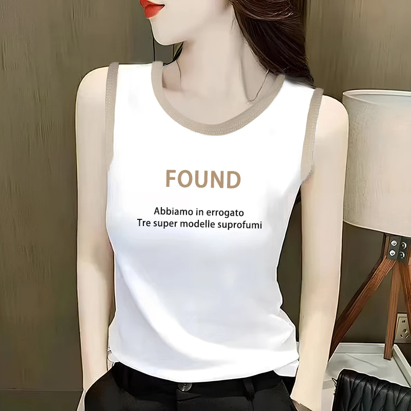 纯棉吊带背心女打底夏季韩版时尚修身显瘦白色印花圆领无袖上衣