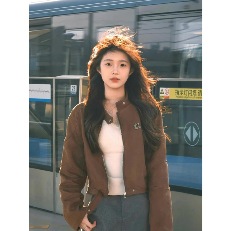 棕色麂皮外套女短款2025秋季韩系宽松休闲复古小个子机车夹克上衣