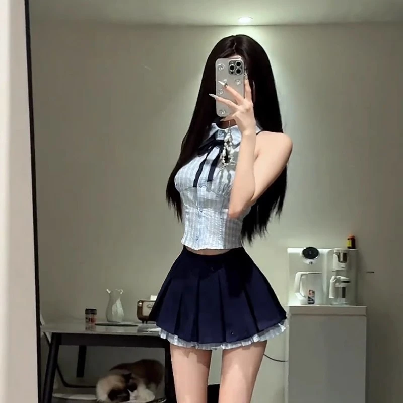 韩系学院风套装女别致辣妹挂脖背心上衣蝴蝶结高腰短款百褶半身裙