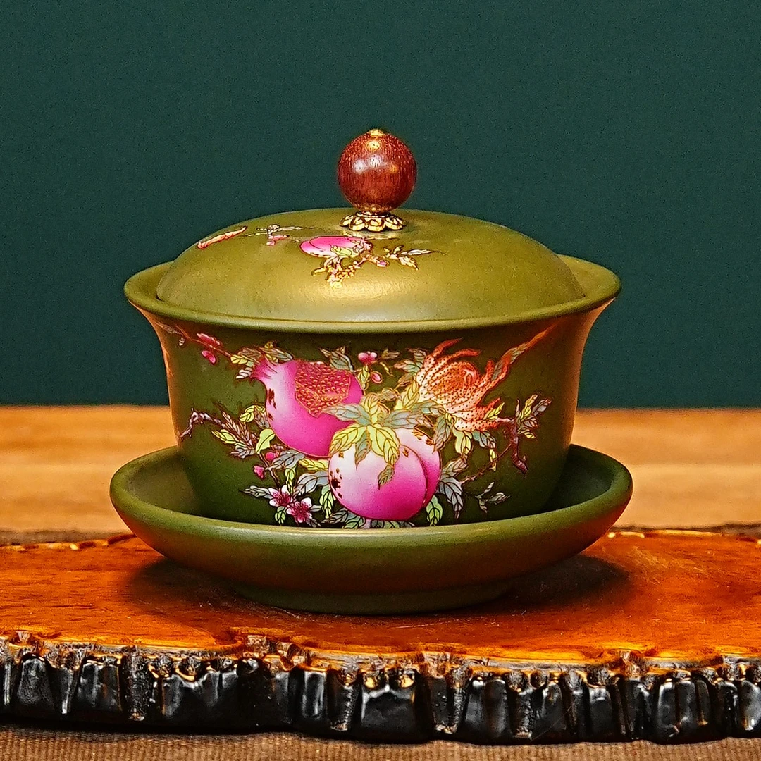 宜兴紫砂茶具 原矿绿泥泥料手绘桃子石榴盖碗品茗杯 A757