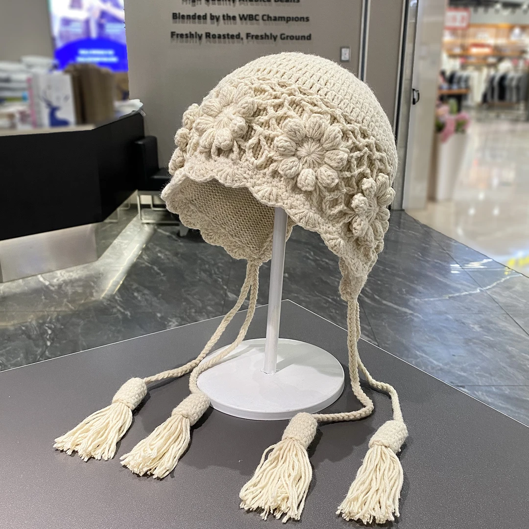 双层钩花流苏套头帽子女秋冬季手工钩织保暖护耳帽出游百搭包头帽