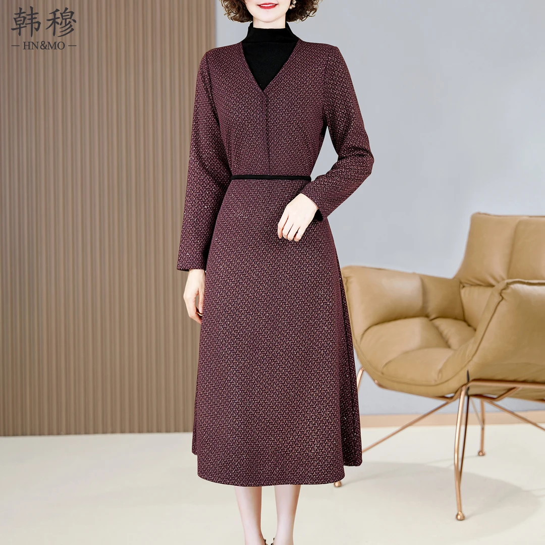 韩穆时尚气质假两件连衣裙女2025秋冬季新款妈妈装收腰显瘦长裙子